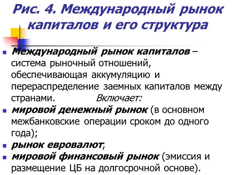 Рис. 4. Международный рынок капиталов и его структура Международный рынок капиталов – система рыночный Рис. 4. Международный рынок капиталов и его структура Международный рынок капиталов – система рыночный